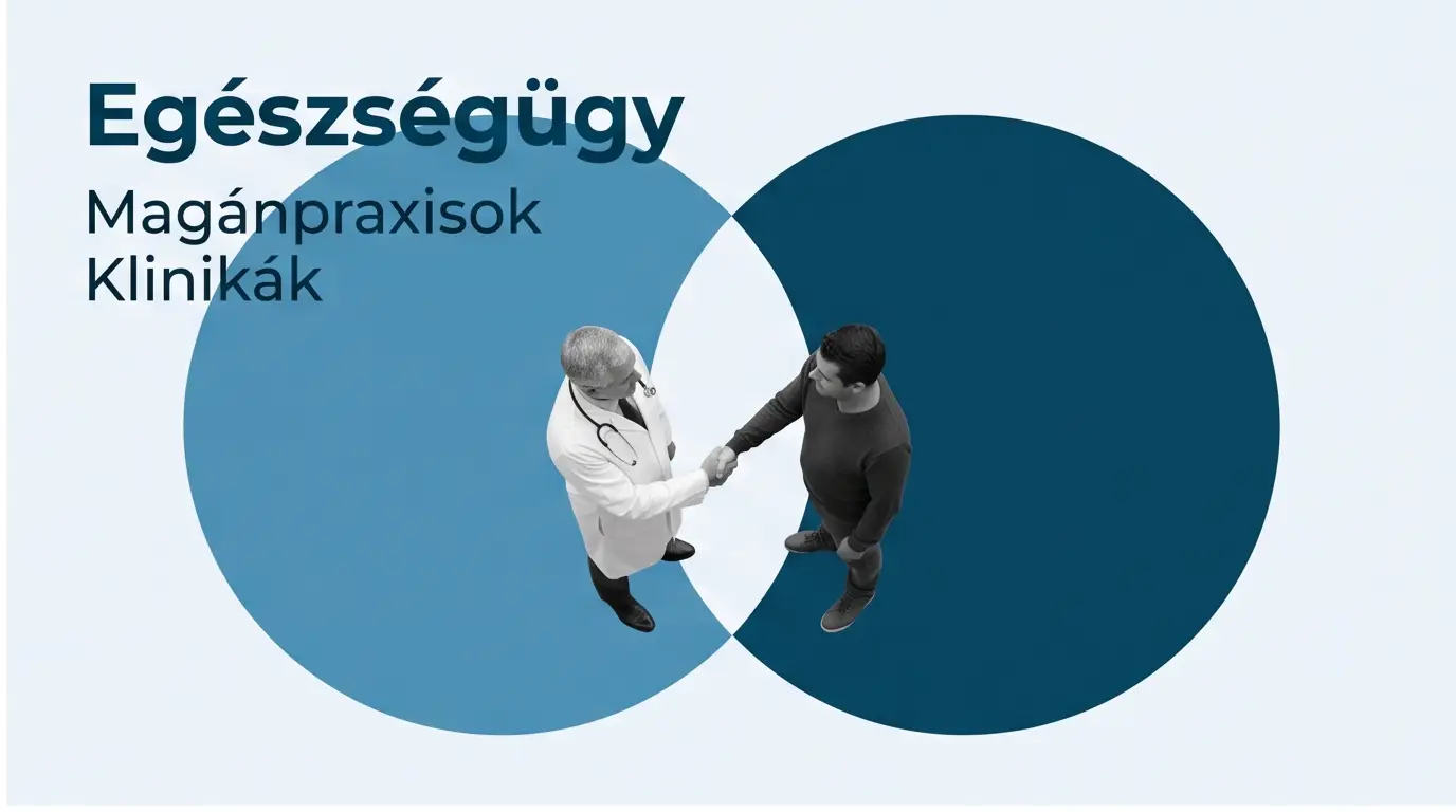 Orvos és páciens kezet fog felülnézetből, két egymásba érő kék kör között, „Egészségügy: magánpraxisok, klinikák” felirattal