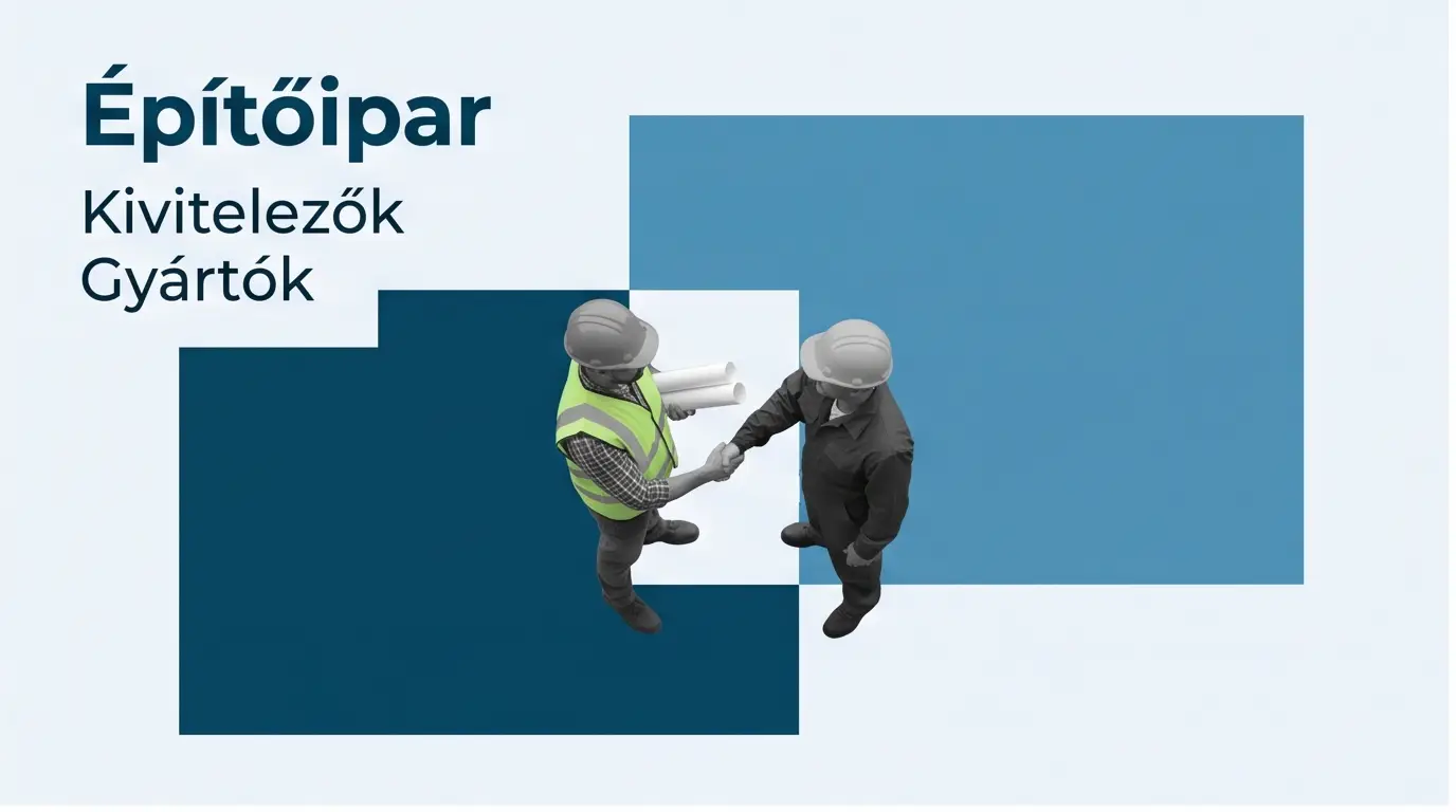 Két építőipari szakember kezet fog felülnézetből, kék geometrikus formák között, „Építőipar: kivitelezők, gyártók” felirattal
