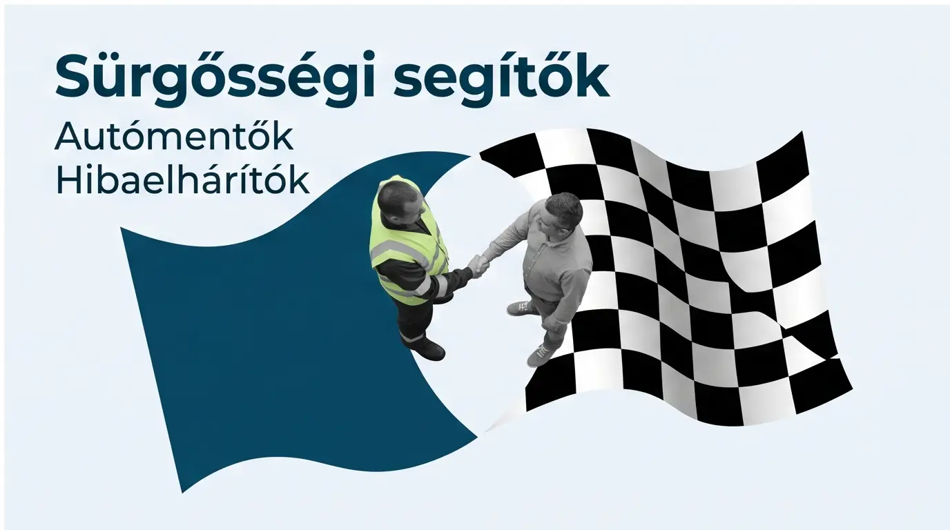 Láthatósági mellényes segítő és egy ügyfél kezet fog felülnézetből, kék és kockás zászló között, „Sürgősségi segítők: autómentők, hibaelhárítók” felirattal