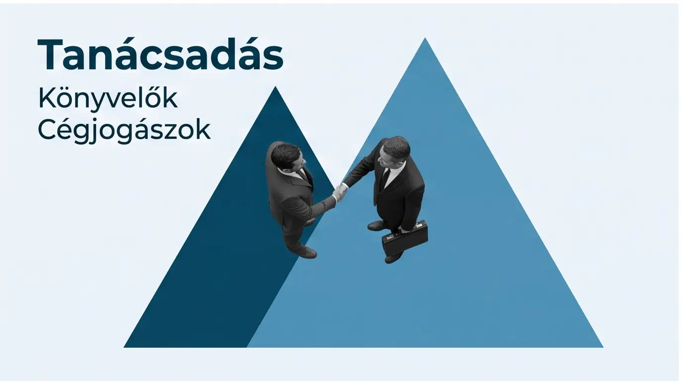 Két öltönyös üzletember kezet fog felülnézetből, két kék háromszög között, „Tanácsadás: könyvelők, cégjogászok” felirattal