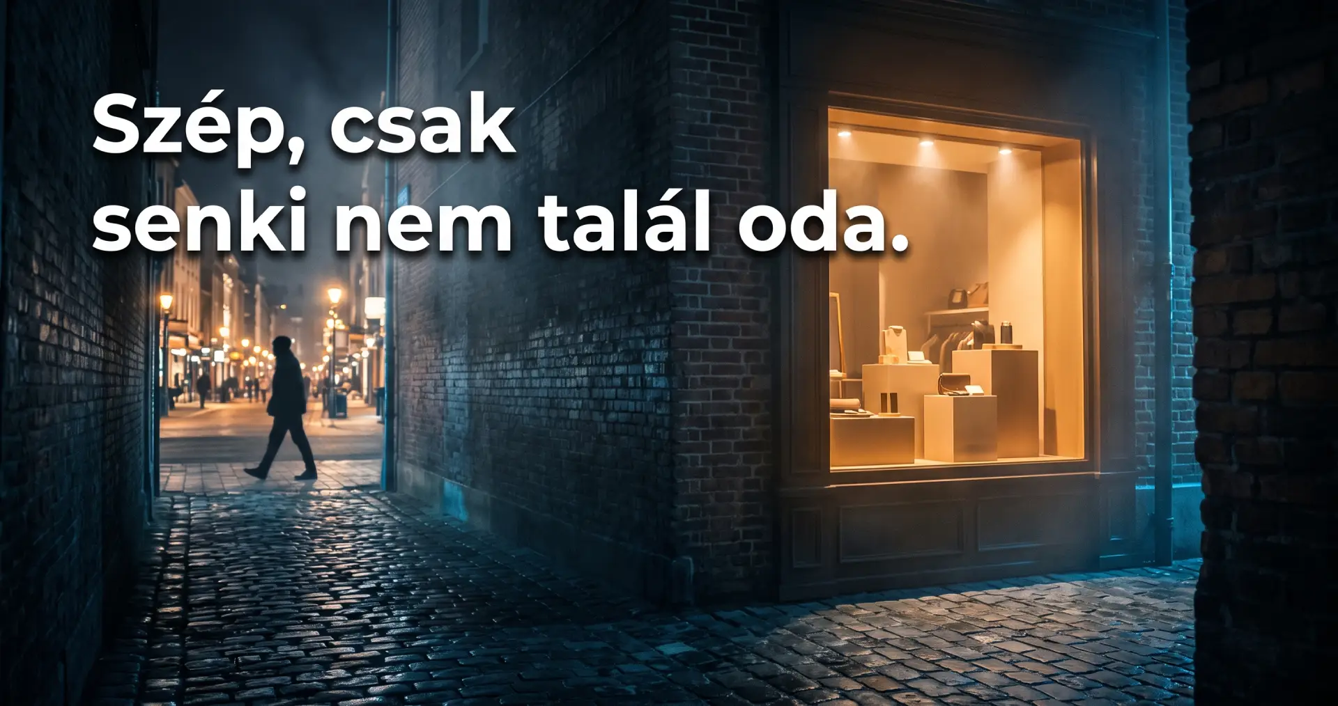 Kivilágított kirakat egy sötét, nedves macskaköves zsákutca végén, a háttérben egy alak elsétál a főutcán, „Szép, csak senki nem talál oda.” felirattal