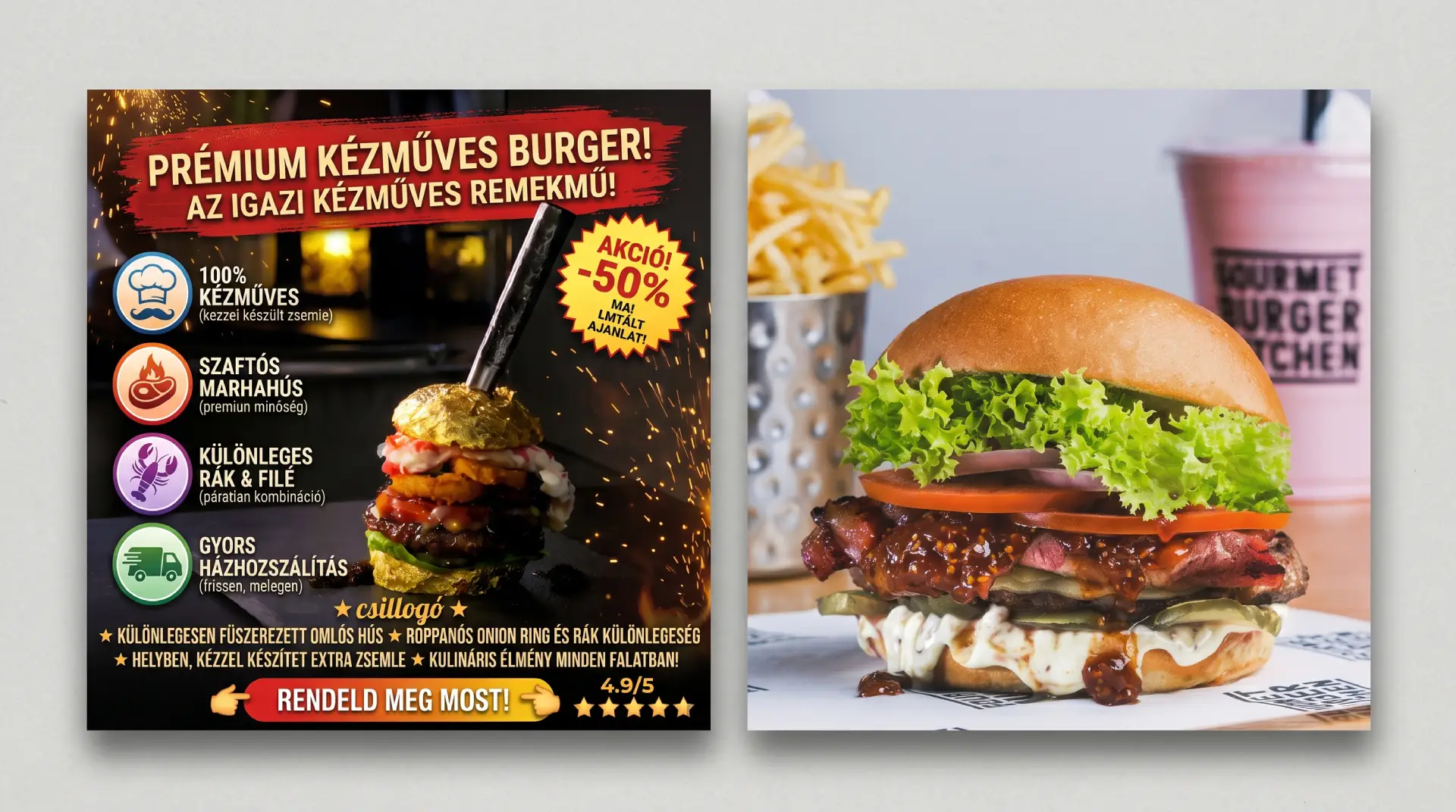 Két hamburger egymás mellett: bal oldalon aranyozott zsemléjű burger harsány, akciós matricás reklámképen, jobb oldalon egy egyszerű, igényes ételfotó